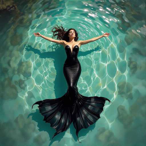 A serene mermaid floats in clear turquoise water, her black costume's tail fanning like a dark butterfly. The image evokes a romantic 19th-century European oil painting style with dramatic chiaroscuro, highlighting soft textures and a dreamlike atmosphere.
