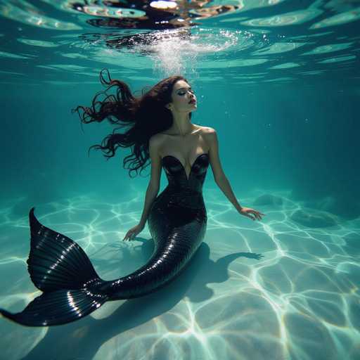 A captivating latex mermaid floats in a sunlit underwater world, her dark hair flowing and tail shimmering like liquid obsidian. The image showcases a serene, sensual aesthetic with dramatic backlighting and deep teal color grading, reminiscent of Tim Walker's fashion photography meets Karl Lagerfeld's underwater style.