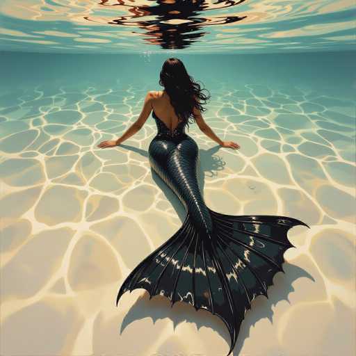 A serene mermaid, clad in a glossy black costume with an ornate, layered tail, floats peacefully in a shallow lagoon. The top-down view emphasizes the figure's graceful posture and the shimmering, textured water, bathed in soft golden light. The art style evokes a sense of ancient myth and enchantment.