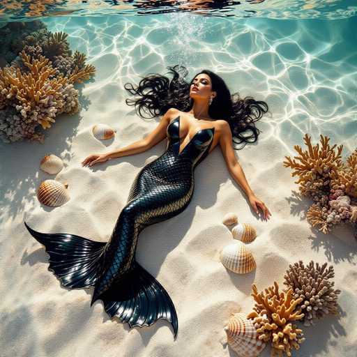 A radiant mermaid, draped in a black latex tail and bodysuit, floats above a serene, sandy seabed. Her flowing dark hair and upward gaze create a sense of ethereal tranquility. The scene, captured with a shallow depth of field, features floating seashells and coral sculptures, bathed in a surreal, cinematic glow reminiscent of Helmut Newton's work.