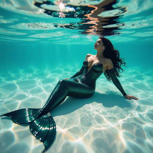 A hyper-realistic mermaid floats in shallow, turquoise water, her glossy black scale tail and latex-finished sleeves gleaming. Sunlight filters through the surface, creating ethereal light patterns on her body and the sand, evoking a dreamlike underwater fantasy. The low-angle shot emphasizes the serene, forbidden beauty of this ocean scene.