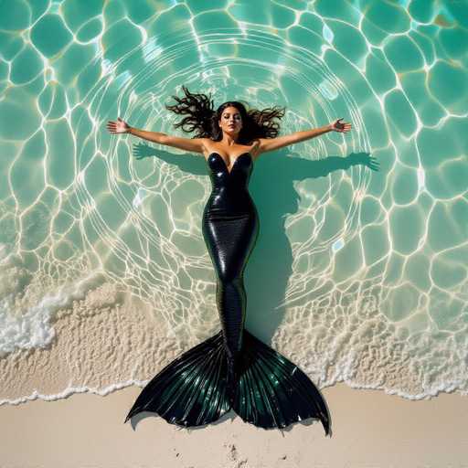 A mermaid in a glossy black costume floats horizontally, arms outstretched, in shallow turquoise water on a sandy beach. The overhead shot features dramatic lighting and reflective ripples, reminiscent of Gregory Crewdson's cinematic realism. The subject is centrally positioned, creating a serene and ethereal scene.