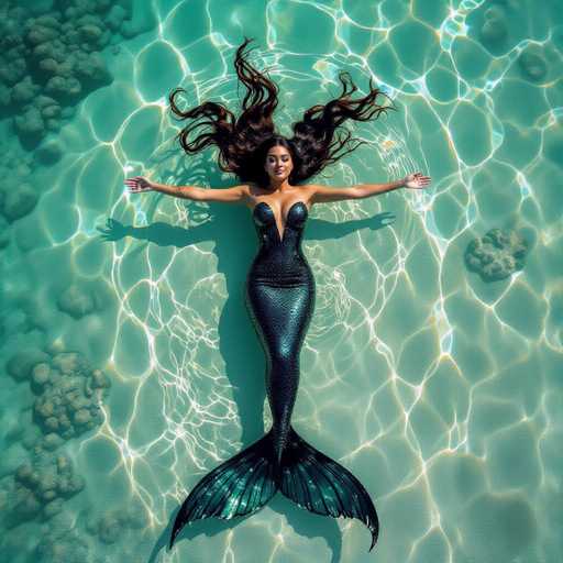 A serene, high-angle shot features a person in a shimmering black mermaid costume floating on their back in crystal-clear turquoise water. The glossy costume reflects sunlight, creating a luminous effect. Long, dark hair fans out like a halo, while the full mermaid tail spreads beneath the surface. The scene is rendered in an impressionistic style with soft light and luminous water textures, emphasizing a peaceful underwater ambiance.