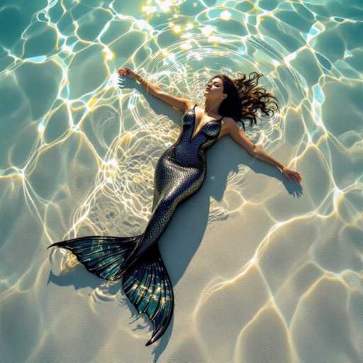 A serene mermaid, clad in a shimmering black suit, reposes on the sandy bottom of shallow water. The scene is bathed in ethereal blue and gold light, creating a dreamlike atmosphere. Her outstretched arms and fanned tail enhance the surreal, fantastical quality of this bird's-eye view.