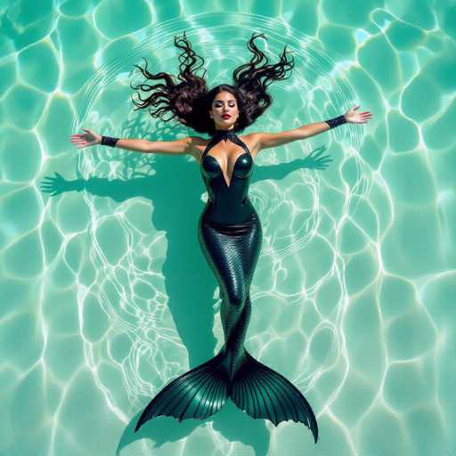 A mermaid figure floats on their back in a clear turquoise pool, wearing a sleek black costume. The high-angle shot highlights the person's outstretched arms and flowing dark hair, creating a serene, dreamlike atmosphere. The hyper-realistic style emphasizes the water's reflective surface and the overall peaceful scene.