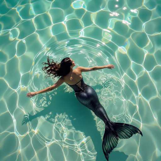 A serene, overhead shot captures a person in a black mermaid costume gracefully floating on their back in crystal-clear turquoise water. Sunlight dances on the rippling surface, creating an ethereal, dreamlike atmosphere reminiscent of a soft-focus cinematic still. The scene evokes a sense of tranquil otherworldliness, emphasizing the person's serene posture and the water's gentle movement.