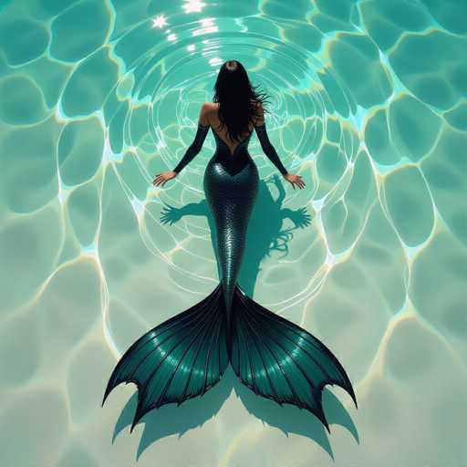 A serene, symmetrical digital painting depicts a mermaid in a black suit, floating in shallow turquoise water. The figure's long tail, with its intricate, bioluminescent-like extensions, dominates the view. Sunlight dappled on pale sand creates a dreamlike, ethereal atmosphere reminiscent of Moebius's style.