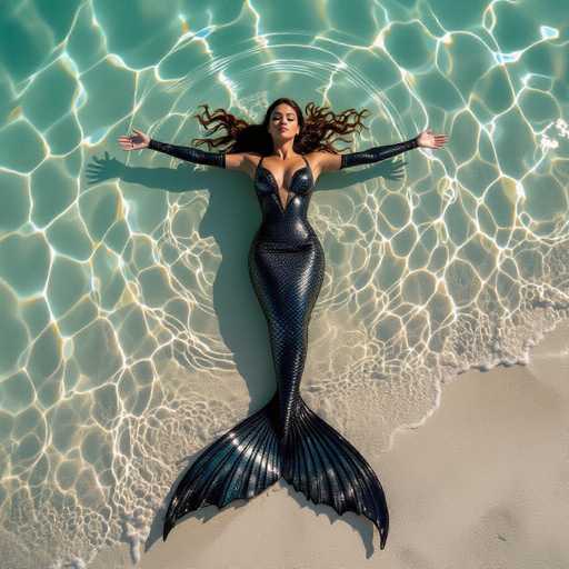 A serene, overhead shot showcases a mermaid figure in a shimmering black suit, horizontally positioned in clear water. Her arms are outstretched like a starfish, and the tail fans out with intricate details. The scene is bathed in dynamic light reflections on soft water textures, creating a tranquil, otherworldly moment captured with cinematic 4K realism.