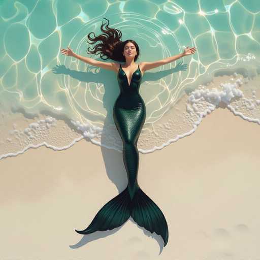 A serene mermaid in a glossy black costume floats horizontally on a tranquil, turquoise beach. Her arms are outstretched, and her long hair flows in the gentle water. The scene is a dreamy digital painting with soft gradients, luminous light effects, and an ethereal quality reminiscent of James Jean's work.