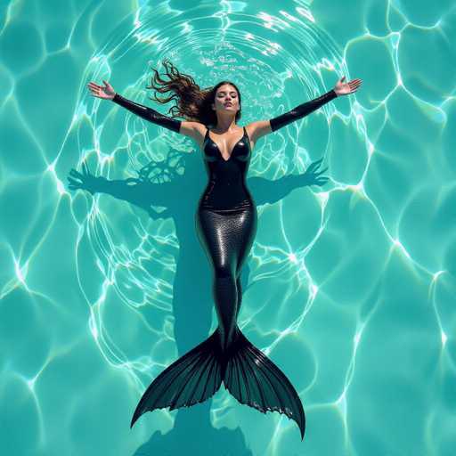 A hyperrealistic, cinematic image depicts a figure in a sleek black mermaid suit floating on their back in vibrant turquoise water. The figure's arms are outstretched, and the tail is fanned with intricate fin-like extensions. Sunlight creates a dramatic contrast, highlighting the surreal underwater dreamscape rendered in Simon Stålenhag's style.