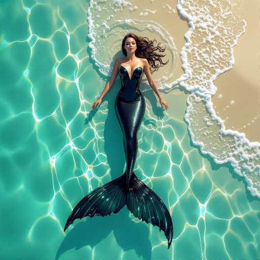 A hyper-detailed digital matte painting showcases a mermaid in a glossy black bodysuit, gracefully floating on a golden beach. The turquoise water reflects dynamic light refractions and shimmers, with a detailed dark tail spreading beneath her. The spatial relationship emphasizes the mermaid's serene position as she interacts with the gentle waves, creating a captivating underwater scene.