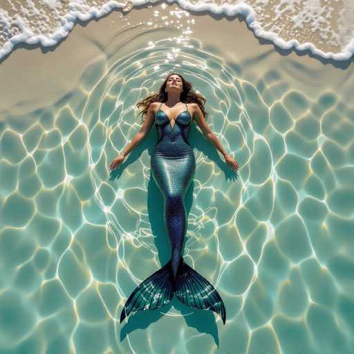 A serene mermaid floats on their back in a shimmering, translucent pool at the beach's edge. The full-body costume reflects light, creating a luminous effect against the soft, painterly backdrop of gentle brushstrokes and a calming color palette. The spatial relationship emphasizes tranquility and an ethereal atmosphere.