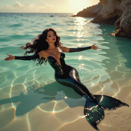 A woman in a black mermaid tail floats serenely in turquoise water, arms outstretched. The hyperrealistic image, reminiscent of Annie Leibovitz and latex art erotica, features cinematic chiaroscuro lighting and a shallow depth of field. The surreal coastal cliffside frames the scene, with fractal shadows dancing on the sand under golden sunlight.