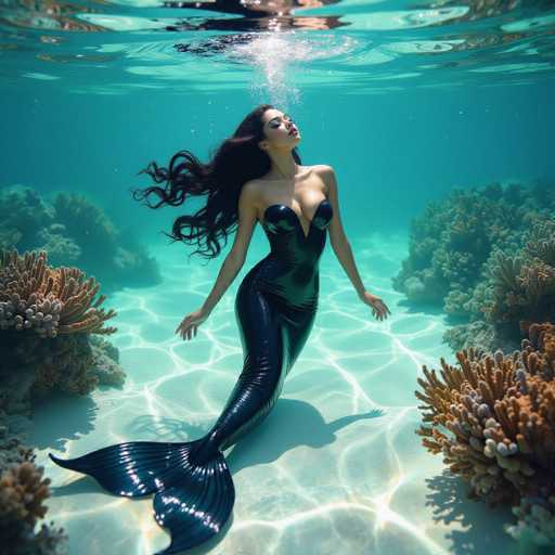 A seductive mermaid, draped in shimmering black latex, gracefully glides through sunlit aquamarine waters. Her flowing raven hair and iridescent tail create a captivating silhouette, while floating coral and bioluminescent particles enhance the ethereal underwater scene. The high-contrast wet latex fetish photography, reminiscent of David LaChapelle's style, uses shallow focus and chiaroscuro lighting to create a dreamlike portrait.
