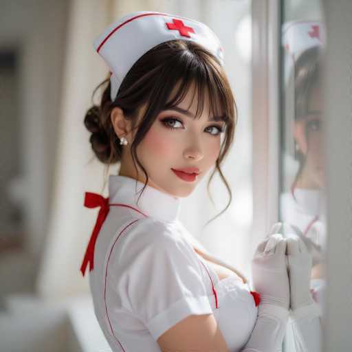 A woman in a white nurse uniform and cap, adorned with a red cross, gazes directly at the viewer. She's positioned near a window, her hands gently resting on its frame, creating a soft, intimate portrait. The image has a polished, slightly romantic aesthetic with soft lighting and a focus on the subject's expressive eyes.