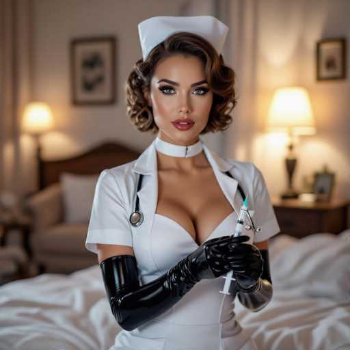 A woman dressed as a nurse is standing on a bed with her hands holding a syringe and a vial of medicine. She has long brown hair styled in an elegant updo and is wearing a white dress that matches the color of the syringe she holds. The background features a lamp, suggesting that this scene takes place in a bedroom or dressing room setting.