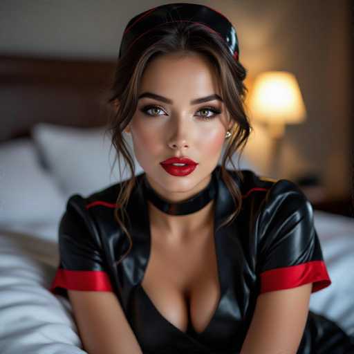 A woman is seated on a bed with her legs crossed and wearing a black dress that has red accents around the neckline. She is looking directly at the camera with a serious expression.