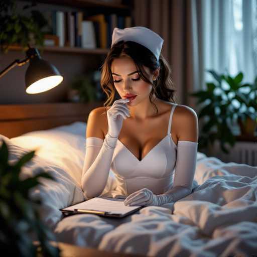 A woman in a white nurse outfit and gloves sits in bed, intently reading a clipboard. Soft lighting illuminates the scene, highlighting her focused expression and the cozy bedroom setting with plants in the background. The image has a soft, intimate, and slightly sensual art style.