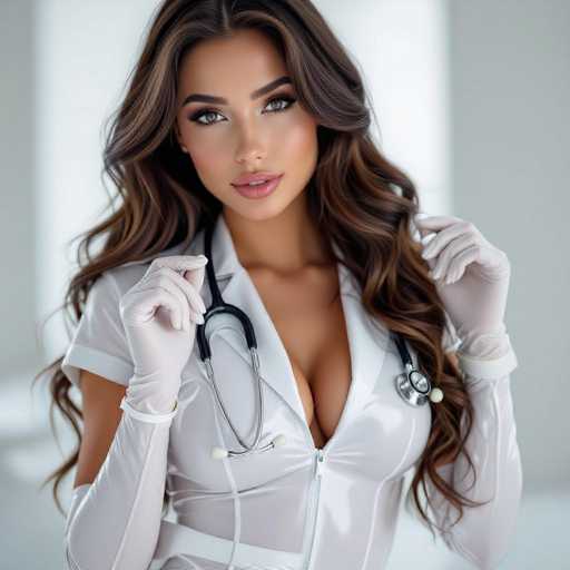 A woman in a white medical uniform, including a long-sleeved top and gloves, is centrally positioned, looking directly at the viewer. A stethoscope drapes around her neck. The background is a soft, blurred white, emphasizing the woman as the focal point. The style is a fashion portrait with a focus on beauty and professionalism, likely aiming for a modern, polished aesthetic.