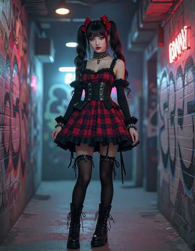 A young woman stands confidently against a backdrop of graffiti-covered walls and a neon sign that reads "Carnival". She is dressed in a striking red and black plaid dress with a high neckline and corset. The woman wears black stockings and boots, adding to her edgy appearance.