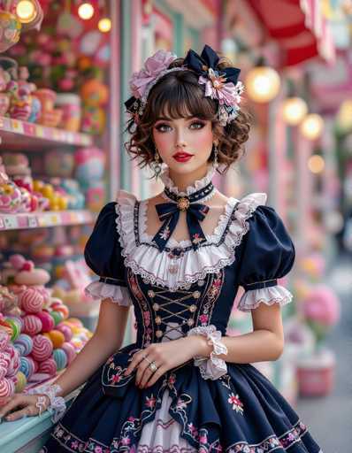 A young woman is standing in front of a candy store window display. She is wearing a blue and white dress with a ruffled collar and a pink headband. The background features a colorful array of candies and sweets, including lollipops, gummy bears, and chocolate bars.