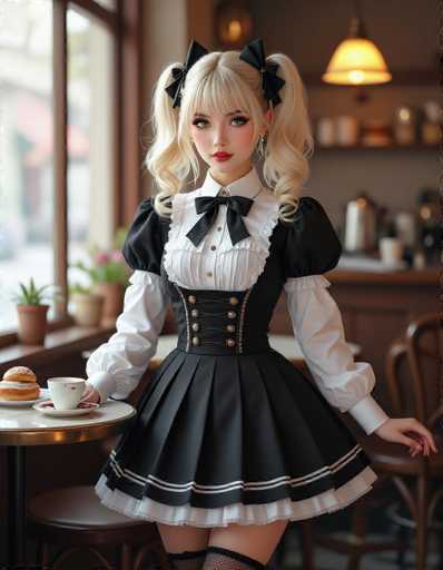 A woman is standing at a table with a cup of coffee and pastries on it. She is wearing a black and white dress with a bow in her hair and has blonde hair styled into pigtails. The background shows a window overlooking the street outside.