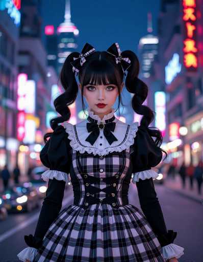 A young woman stands on a city street at night, dressed in a black and white checkered dress with a bow in her hair. She is wearing a black top hat and a black and white striped shirt. The background features neon signs and buildings that glow under the city lights.