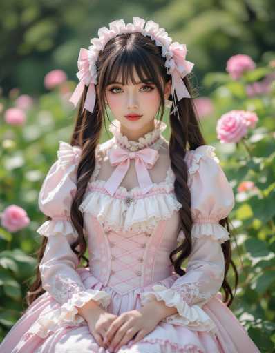 A young woman is seated on a bench in a garden surrounded by pink flowers and lush greenery. She is wearing a pink ball gown with white lace trim and a pink headband adorned with a bow. The woman's hair is styled in pigtails, adding to her charming appearance.