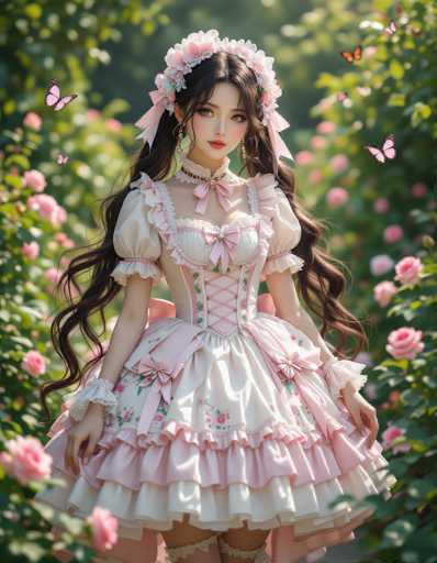 A young woman is standing in a garden surrounded by pink and white flowers. She is wearing a traditional Japanese dress with a ruffled skirt and a bow on her head. The dress has a white bodice with a pink collar and sleeves, and the skirt features a ruffled design. The woman's hair is styled in loose waves, and she is wearing a pink headband.