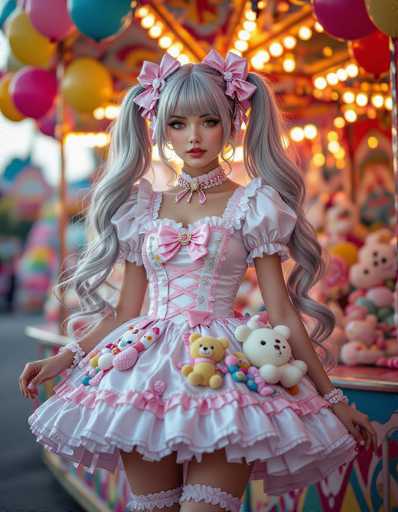 A young woman with long blonde hair is standing on a carousel at a carnival. She is wearing a white dress decorated with pink flowers and has two teddy bears attached to her outfit. The background features colorful balloons and a carousel ride.