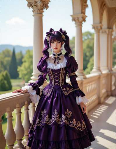 A cosplayer in a dark purple Victorian-inspired lolita dress with lace details and ruffled sleeves poses gracefully on a balcony. The ornate, detailed gown is complemented by purple hair styled in pigtails with floral accents and a delicate choker. The soft, blurred background suggests an outdoor setting with lush greenery, emphasizing the model's elegant presence.