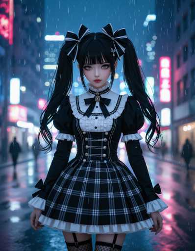 A stylish anime girl in a black and white plaid lolita dress stands in a rainy, neon-lit city street. Rain streaks across the image, reflecting vibrant lights on the wet pavement. She has long black pigtails with white bows and a detailed, frilly dress, creating a visually striking, digital illustration.