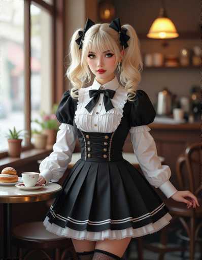A cosplayer in a cute maid outfit with blonde pigtails and a black and white dress poses in a cozy cafe setting. She's seated at a round table with a cup of coffee and pastries, looking directly at the viewer. The style is detailed and anime-inspired, emphasizing a charming, playful aesthetic.