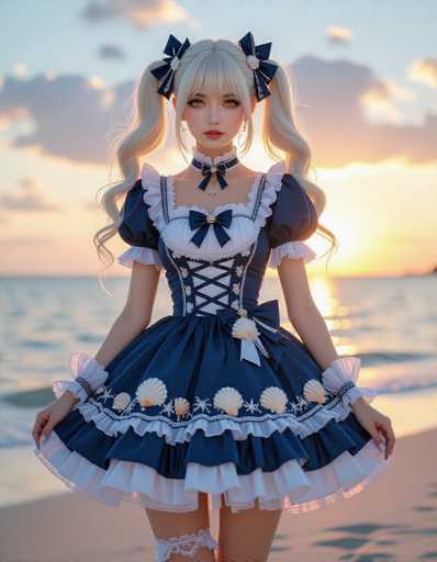 A woman is standing on a beach at sunset wearing a blue and white dress with ruffled sleeves and a bow around her neck. She has blonde hair styled into pigtails and is holding a seashell in her hand.