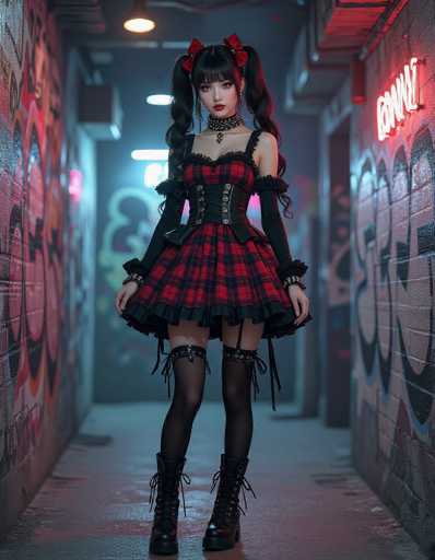 A stylish anime girl in a gothic lolita outfit with a red and black plaid dress, lace accents, and platform boots stands in a dimly lit alleyway. Graffiti-covered brick walls frame the scene, with neon lights casting an eerie glow on her and the surroundings. The overall style is dark, edgy, and reminiscent of a cyberpunk aesthetic.