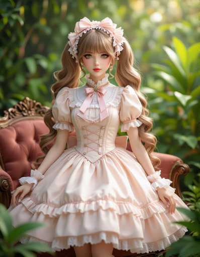 A beautifully detailed, full-body portrait of a porcelain doll in a delicate, pastel pink Victorian-style dress and matching headpiece. The doll sits gracefully on a plush red chair amidst a soft, blurred green background, showcasing intricate lace and ruffles. The art style is highly detailed and realistic, emphasizing soft lighting and a dreamy atmosphere.