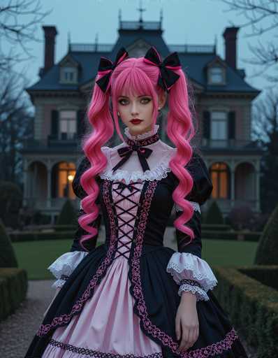 A cosplayer in a vibrant black and pink Lolita dress with elaborate lace details stands in front of a grand, dimly lit mansion. Her bright pink hair is styled in pigtails with black bows, and she gazes directly at the viewer. The scene evokes a whimsical, slightly gothic aesthetic with soft lighting and a focus on detail.