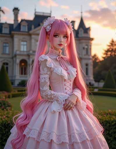 A cosplayer in a beautiful, elaborate pink Lolita dress with long, flowing pink hair is the central focus. She's positioned in front of a grand, ornate mansion with a soft, warm sunset backdrop. The image showcases a detailed, romantic aesthetic typical of anime/cosplay art, emphasizing delicate details and soft lighting.