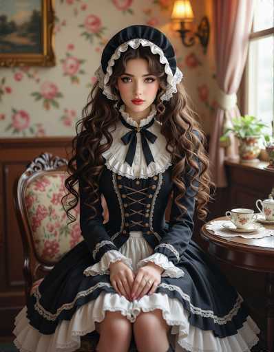 A young woman is seated at a table with a teapot and cups on it. She is wearing a traditional black and white dress with lace trimming and a bonnet. The room has pink walls and a floral wallpaper, creating an elegant atmosphere.