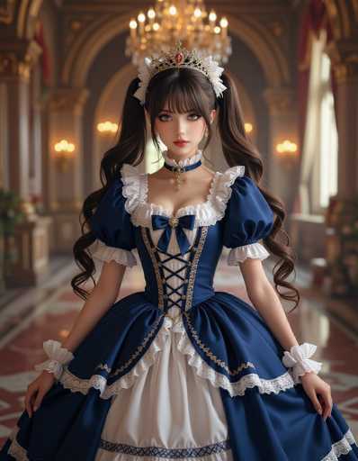 A beautiful anime girl in a detailed blue and white Victorian-style dress with lace details and a crown is centrally positioned, gazing directly at the viewer. The background features an ornate, softly blurred interior with warm lighting and a grand chandelier, creating a fairytale-like atmosphere. The art style is digital illustration with a focus on intricate details and soft lighting, emphasizing the character's elegance.