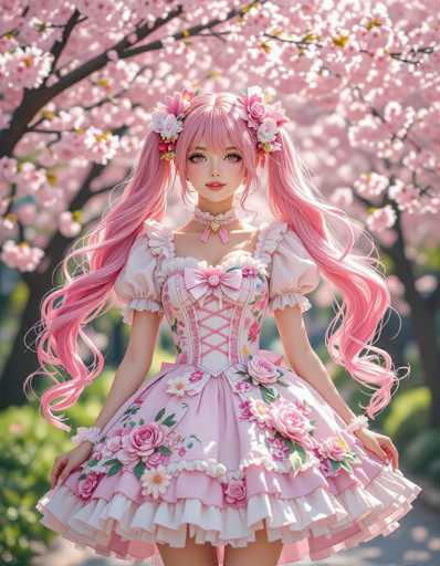 A woman with long pink hair is standing in front of a tree filled with pink flowers and wearing a pink dress decorated with white roses.