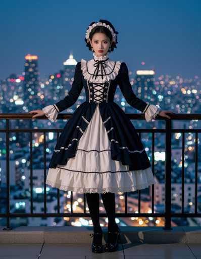 A cosplayer in a Lolita-style maid outfit stands on a balcony overlooking a city at night. The dark navy and white dress features lace details, ruffles, and a frilly apron. She wears a matching headpiece and black stockings, posing with hands on the railing against the blurred city lights. The overall style is detailed and romantic, typical of Japanese fashion.
