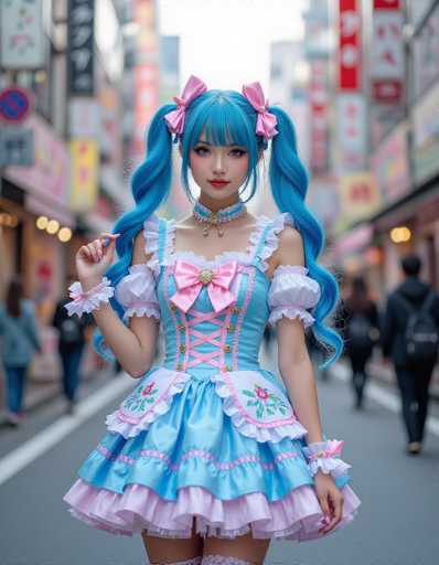 A cosplayer in a vibrant, pastel blue and pink Lolita dress with elaborate ruffles and lace stands center-framed in a bustling, blurred street scene. The focus is on the cosplayer's detailed outfit and striking blue wig, with a soft depth of field emphasizing the background. The art style is detailed and whimsical, typical of anime/cosplay aesthetics.