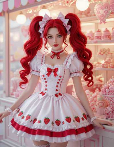 A woman with red hair and a white dress adorned with strawberries stands in front of a bakery window displaying an array of cakes and pastries.