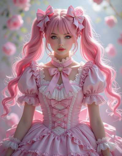 A beautiful anime girl with vibrant pink hair styled in pigtails and adorned with pink bows is the central focus. She wears a delicate, frilly pink dress with lace details and a matching ruffled collar. The background is a soft blur of pink roses, creating a dreamy, ethereal atmosphere. The art style is detailed and digital, emphasizing soft lighting and intricate textures.