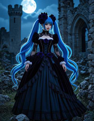 A woman with long blue hair wearing a black dress with lace sleeves and a large flower on her head stands in front of an old stone building at night.
