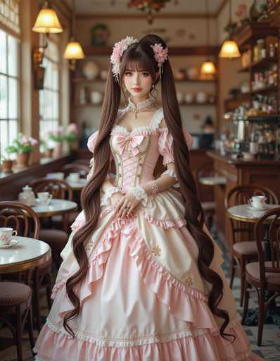 A woman is standing in front of a window with long brown hair and a pink dress adorned with white lace trim. She has her hands clasped together on either side of her head, and she wears a flower in her hair that matches the pink color of her dress. The room behind her contains several tables and chairs arranged around them, suggesting it could be a restaurant or cafe setting.