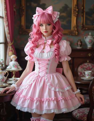 A young woman with pink hair and a pink tutu is standing in front of a table adorned with tea cups and saucers. She is wearing a pink dress with white ruffles and a bow on her head. The room has a window that lets in natural light, creating a warm and inviting atmosphere.