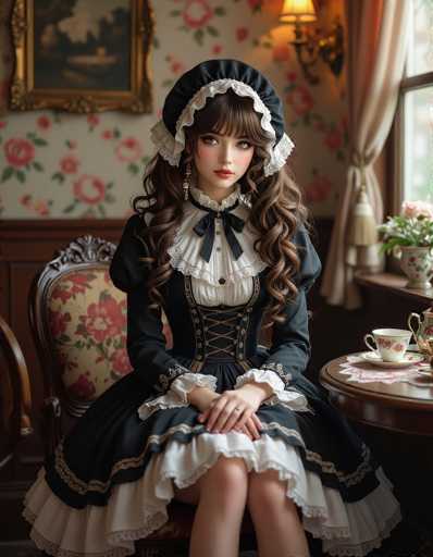 A doll-like figure in a frilly, black and white Lolita dress sits gracefully in an ornate chair. The setting is a cozy, vintage-inspired room with floral wallpaper and a delicate tea set on a small table. Soft lighting enhances the detailed, slightly melancholic aesthetic of this portrait.