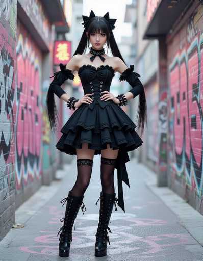 A cosplayer in a black gothic lolita outfit with long, dark hair and a frilly skirt stands facing the camera in an alleyway. The spatial relationship is centered, with the cosplayer as the focal point against a blurred background of graffiti-covered walls. The art style is detailed and stylized, emphasizing the character's elaborate costume.